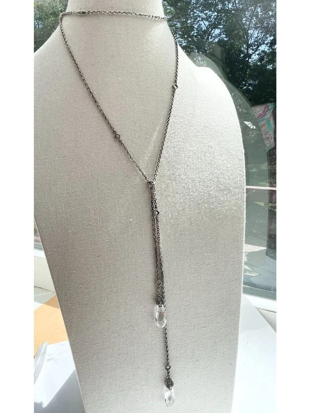 Lagos 750 & Sterling Silver Lariat Necklace With Clear Briolette Stones & Checke